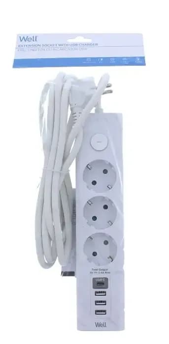Prelungitor Well Plus Intrerupator + Usb 3p 3m EXTS-3S3M-USB-WL