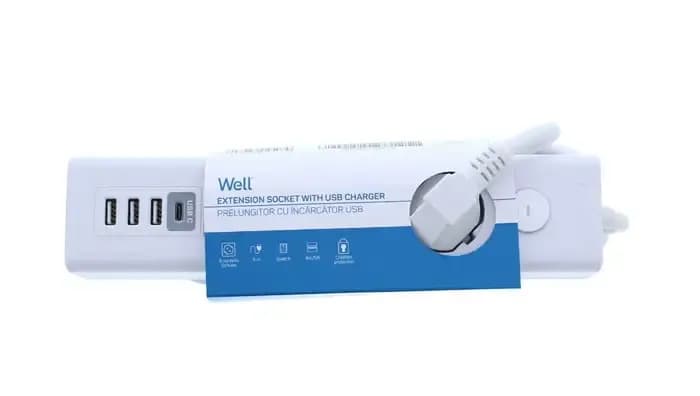 Prelungitor Well Plus Intrerupator + Usb 3p 3m EXTS-3S3M-USB-WL